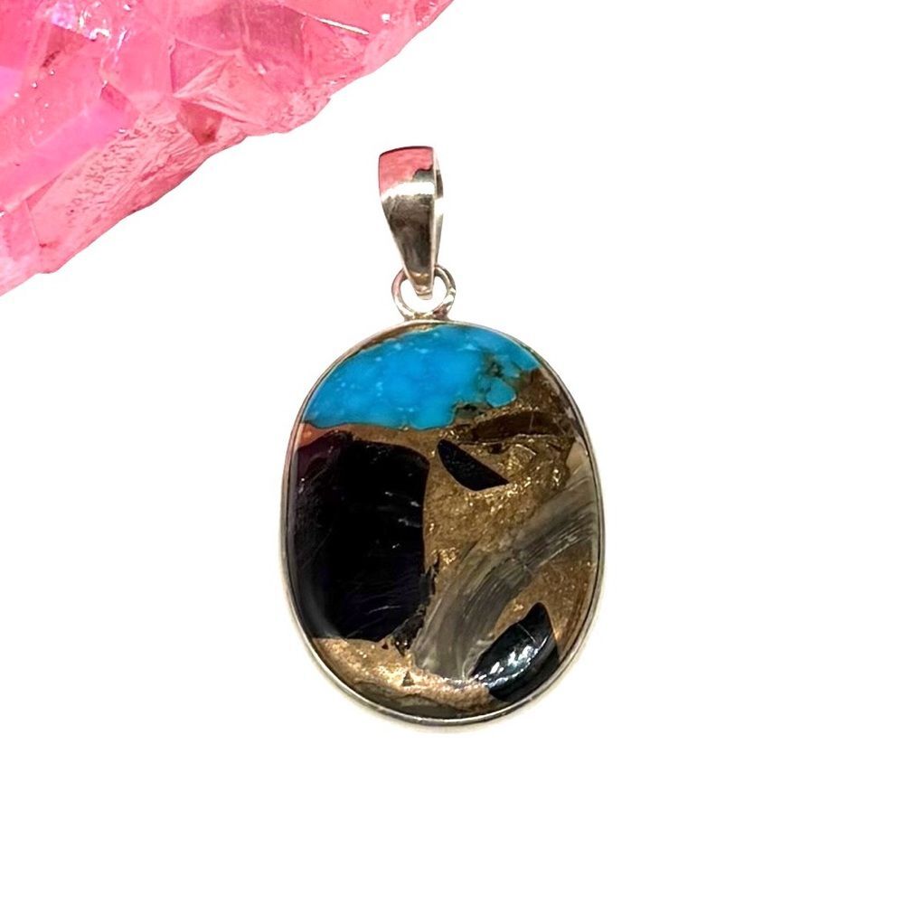 Shell in Turquoise Necklace Pendant Solid 925 Sterling Silver Oval Stone